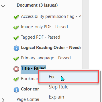 Click fix to set or add document title in Word.