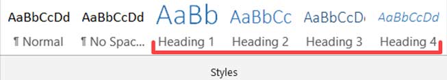 The Styles section within the Home tab in Word's ribbon. Shows Headings Level 1 through Level 4. Use Headings to create more accessible documents.