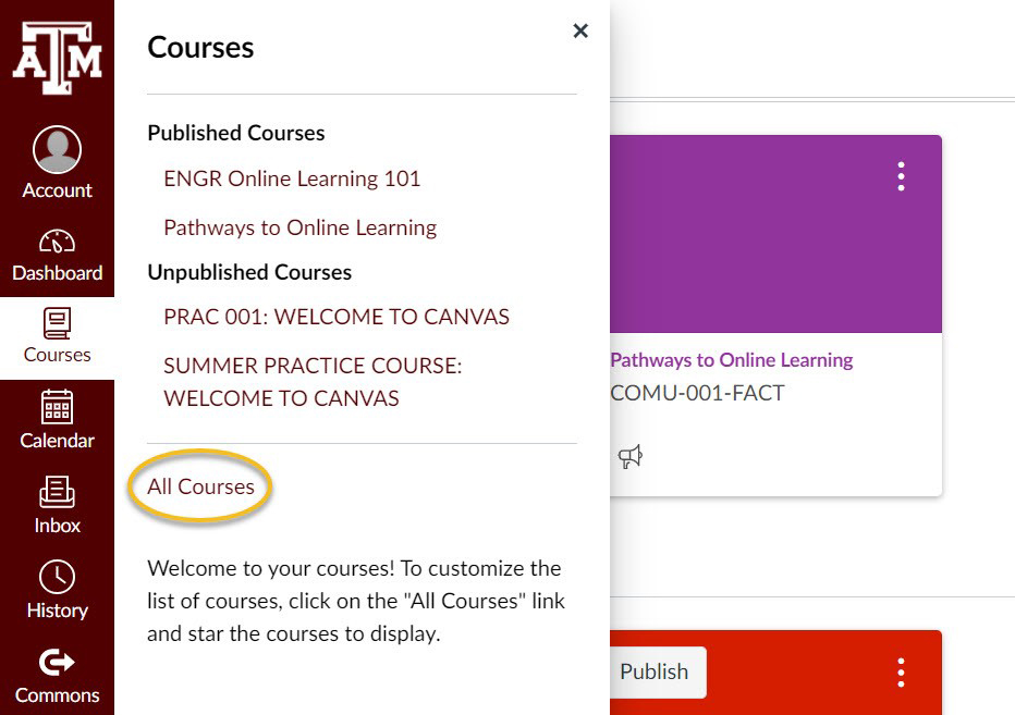 When you click Courses in the left-hand global navigation, the All Courses link will appear near the bottom of the popup window.
