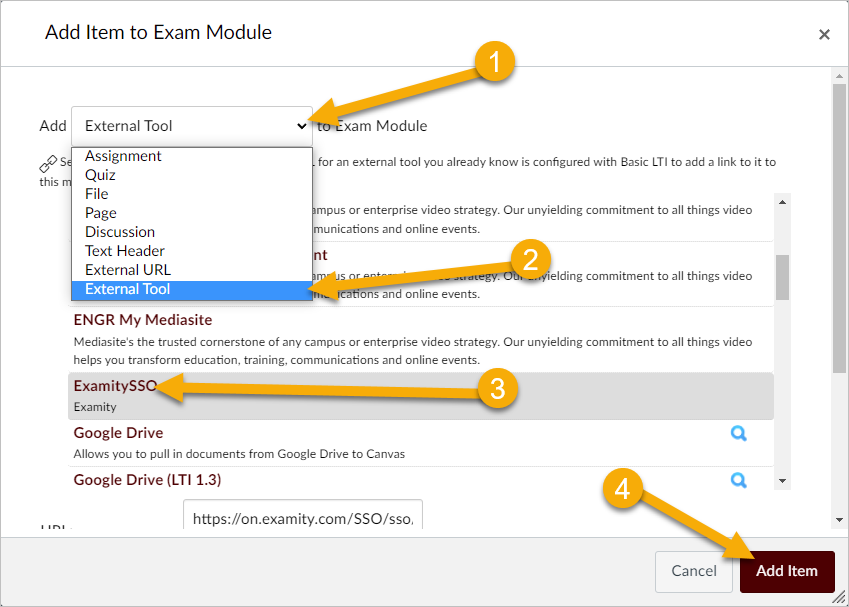 Add External tool to exam module. Select <strong></noscript>ExamitySSO</strong>, then Add Item.” width=”849″ height=”607″ class=”size-full wp-image-2613 border” /></p>
<p><img decoding=