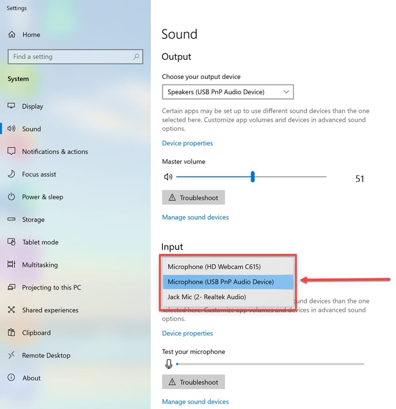 Choose Sound Input - Microphone USB PnP Audio Device.