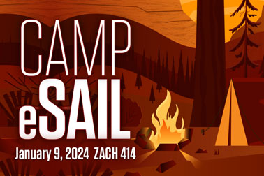 Camp eSAIL. August 15, 2023. Zach 414. Forest with a clearing where a tent sits along with a warm campfire.