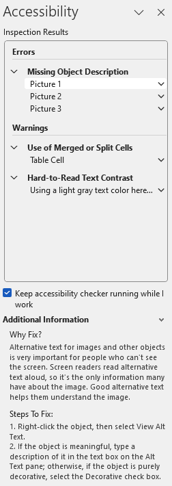Word's Accessibility panel. Inspection results shows 3 Missing Object Description errors and 2 warnings for merged table cells and insufficient contrast. Additional info displays why and how to fix.