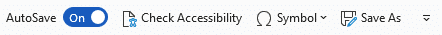 Microsoft Word's Quick Access toolbar. Includes a toggled-on auto-save, and buttons for Check Accessibility, Symbol insert, and Save As.