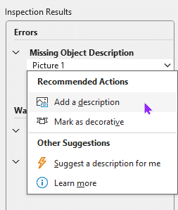 Click 'Picture 1' and provided 2 recommended actions: Add description or Mark decorative. Also, suggest description for me, and Learn More.