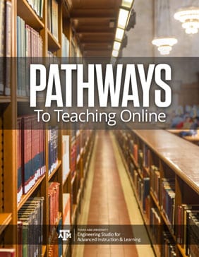 Pathways to Teaching Online course cover. Path leads through library shelves holding many books on each side.