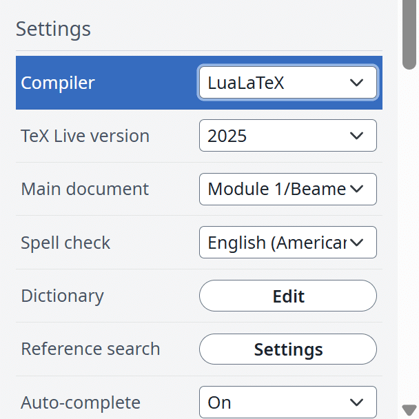 Screenshot showing the final Overleaf menu setup with LuaLaTeX and Tex Live 2025 selected.