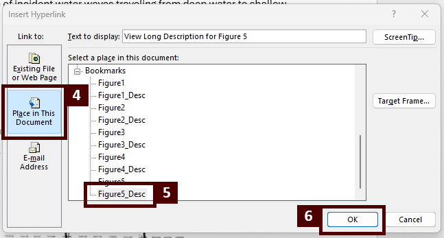 Screenshot of the 'Insert Hyperlink' dialog box focused on 'Place in This Document' and a list of bookmarks to choose from.