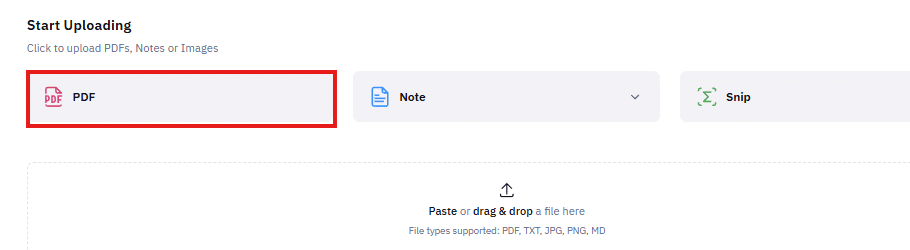 A screenshot of the Mathpix "Start Uploading" page. It shows three primary tabs: PDF, Note, and Snip. A red box highlights the "PDF" tab, which is currently selected.